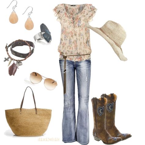 Boots, created by dixi3chik on Polyvore Farm Outfits, Farm Outfit, Estilo Cowgirl, Casual Hats, Moda Country, Cute Country Outfits, Country Girls Outfits, Boating Outfit, Country Girl Style