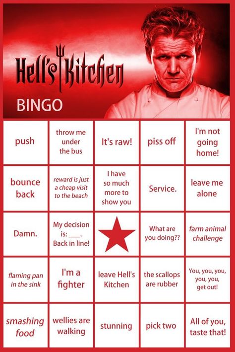 Hell's Kitchen bingo card Hells Kitchen Recipes, Lasagna Tortellini, Kitchen Memes, Gorden Ramsey, Gordon Ramsay Funny, Reheat Pasta, Easy Pasta Recipe, Easy Baked Ziti, Bingo Party