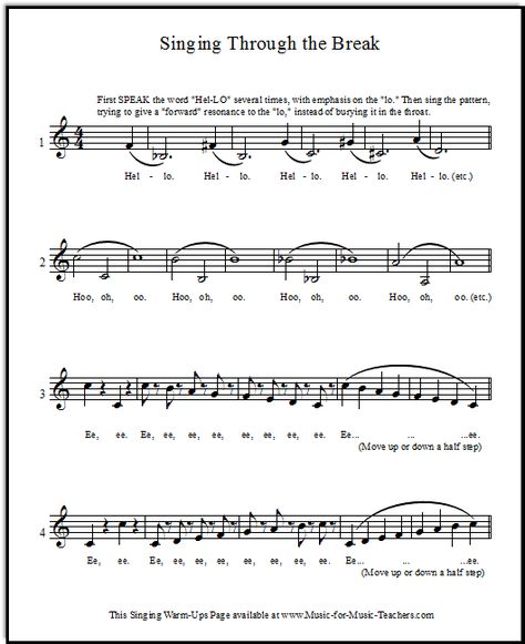 Vocal warm-up exercises for showing students how to sing through the break. These FREE singing warm-ups may be primarily an exercise in awareness at first! Vocal Warmups Singing, Singing Warm Ups, Vocal Exercises Singing, Teaching Choir, Singing Training, Vocal Warmups, Learn Singing, Singing Techniques, Singing Quotes