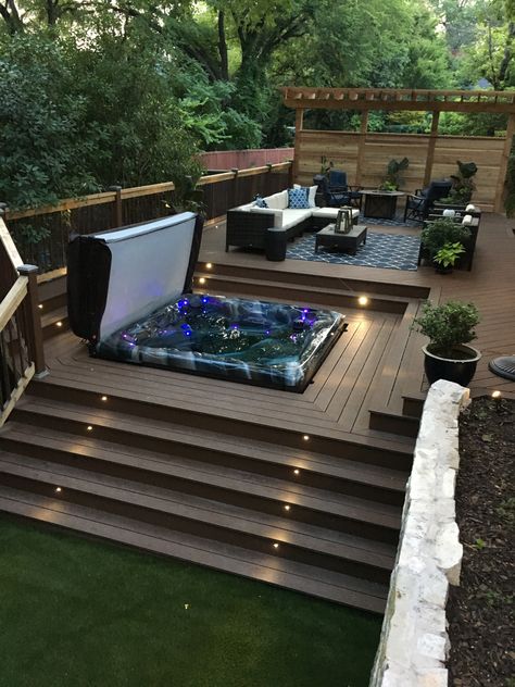 Modern Deck Off Back Of House, Unique Deck Ideas, Backyard With Hot Tub, Hot Tub Ideas Backyard, Patio Hot Tub, Hot Tub Deck Design, Hot Tub Patio, Hot Tub Deck, Hot Tub Backyard