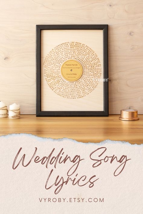 Capture the magic of your wedding day with our exquisite Wedding Song Lyrics engraved on wood. Personalized and sentimental, this unique artwork beautifully showcases the lyrics of your cherished wedding song, preserving the special memories forever. Meticulously crafted and engraved onto stunning wood, it's a heartfelt keepsake and a perfect addition to your wedding decor. Celebrate your love story with our Wedding Song Lyrics engraved on wood and relive the emotions of that unforgettable day. Sweetheart Table Centerpiece, Wedding Song Lyrics, Music Wedding, Music Themed Wedding, Enchanting Wedding, Enchanted Wedding, Wedding Song, Fall Country, Wood Personalized