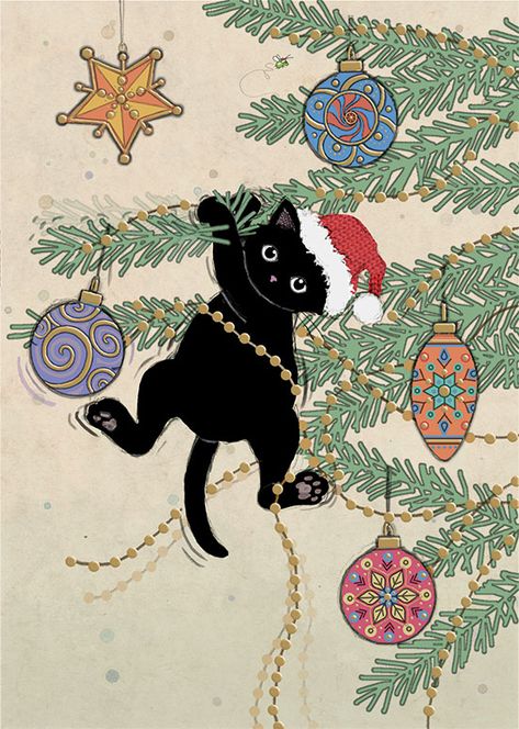 Cat Christmas Cards, Japan Illustration, Gold Foil Cards, Bug Art, Christmas Card Art, Image Chat, Black Cat Art, Art Birthday, Christmas Drawing