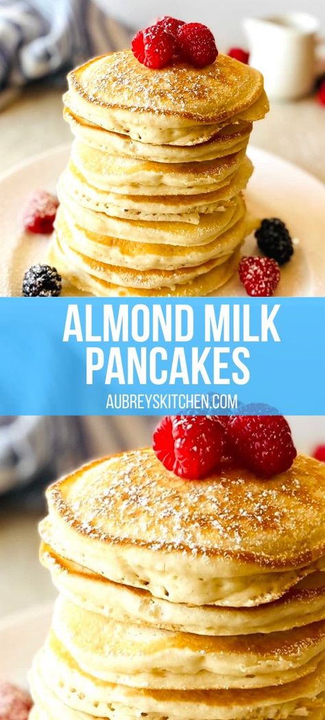 These almond milk pancakes are super soft, fluffy dairy-free and vegan! Get your morning started off right with the perfect delicious and healthy breakfast. Pancake Recipe Almond Milk, Milkless Pancakes, Lactose Free Pancakes, Almond Milk Pancakes, Recipe With Almond Milk, Vegan Pancake Recipe, Oatmeal With Almond Milk, Milk Pancakes, Vegan Pancake