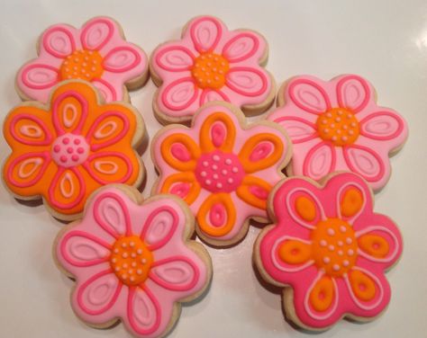 Fun in Pink and Orange Flowers - Decorated Sugar Cookies by I Am The Cookie Lady Sweet 16 Party Ideas Themes Orange, Pink And Orange Graduation Cookies, Pink And Orange Desserts, Pink Orange Theme Party, Pink And Orange Graduation Party Ideas, Pink And Orange Bridal Shower Cookies, Pink And Orange Party Ideas, Pink And Orange Grad Party Decorations, Grad Party Ideas Pink And Orange