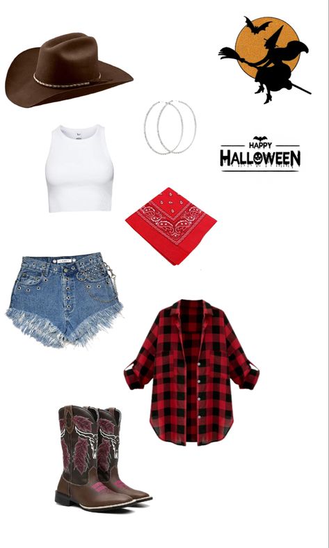 Diy Halloween costume inspo Cowgirls Outfits Halloween, Halloween Costume Jean Skirt, Cute Cowgirls For Halloween, Diy Country Outfits, Cowboy And Indian Halloween Costume, Western Costume Women Diy, Last Minute Cowgirl Costume, Cowgirl Costumes For Women, Cowgirl Halloween Costume Ideas