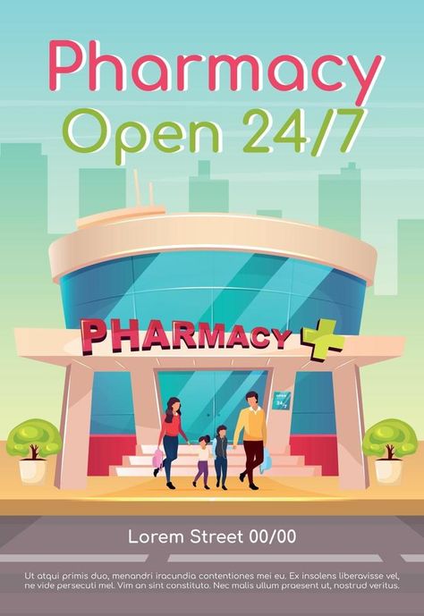 Pharmacy open 24 7 poster flat vector template. Medicine and healthcare. Medication available everyday. Brochure, booklet one page concept design with cartoon characters. Drugstore flyer, leaflet Pharmacy Brochure, Pharmacy Poster, Poster Flat, Free Brochure Template, Free Writing, Vector Template, Flat Vector, Business Administration, Latest Pics