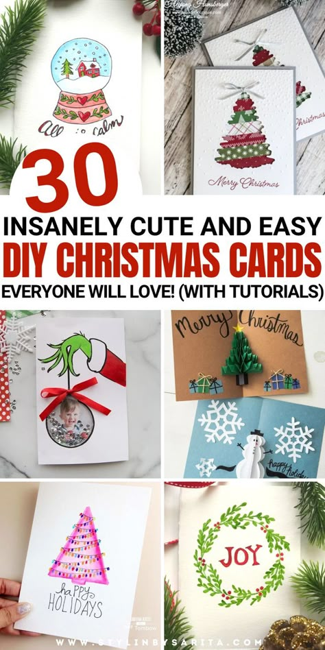 homemade Christmas cards Diy Christmas Cards Handmade Ideas, Dyi Christmas Cards, Diy Christmas Cards Easy, Diy Christmas Card Ideas, Homemade Christmas Crafts, Christmas Greeting Cards Handmade, Christmas Card Tutorials, Diy Christmas Card, Homemade Holiday Cards