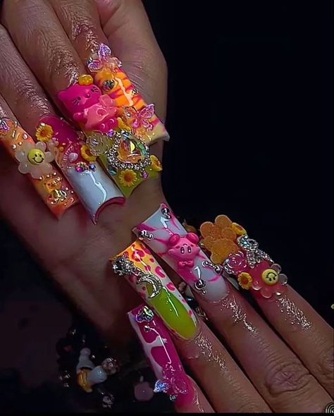 Junk Nailzz 🍡🍬🍭 | Gallery posted by Keesh  | Lemon8 Graffiti Nails, Junk Nails, Being Extra, Hard Nails, Duck Nails, Colored Acrylic Nails, Nails Design With Rhinestones, Hello Kitty Nails, Short Square Acrylic Nails