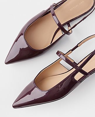 Sleek and strappy, our patent pointy toe flats build your look from the ground up. Pointy toe. Padded footbed for complete comfort. 1/4" heel.,Imported:Imported,Fabrication:Faux Leather Patent Strappy Pointy Toe Flats by Ann Taylor Size regular - 5 Midnight Grape Women's Flat, Flats, Footwear, Faux, Leather Women’s Flats, Trendy Flats For Women, Pointed Toe Flats Outfit, Pointy Flats Outfit, Pointy Flat Shoes, Burgundy Flats, Comfortable Work Shoes, Pointy Shoes, Feminine Shoes