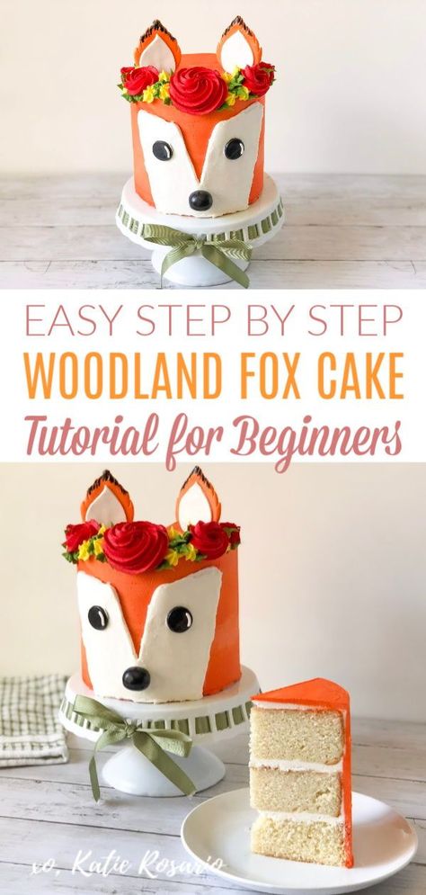 Learn how to make a trendy Woodland Fox Cake with this easy and fun tutorial! I'll show you exactly how to make Woodland Fox cake at home that’s perfect for the fall season, baby showers and birthdays! I'll teach you basic cake decorating techniques that will help you become a better cake decorator! You'll also make a colorful buttercream flower crown to complete this woodland fox cake! #xokatierosario #woodlandfoxcake #foxcaketutorial #buttercreamcakeideas #cakedecoratingtipsandtricks Rosario, Basic Cake Decorating, Fox Cake, Cake At Home, Orange Buttercream, Fox Birthday, Buttercream Flower, Cake Decorating For Beginners, Basic Cake