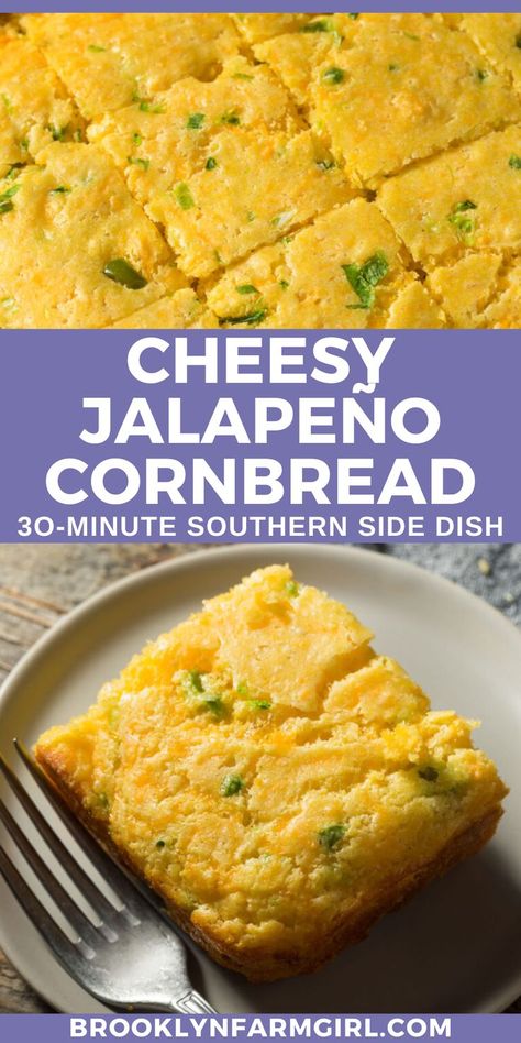 This cheesy jalapeño cornbread recipe will melt into your mouth! Buttermilk cornbread with jalapenos is especially soft and moist with a little kick of spice! It’s the perfect Southern side dish for all your texmex meals, summer BBQs, chili recipes and more! It's a bite of dreamy comfort food that's amazing year round. Cornbread With Jalapenos, Cheesy Jalapeno Cornbread, Savory Cornbread Recipe, Pig Feet Recipe, Jalapeno Cornbread Recipe, Jalapeño Cornbread Recipe, Southern Cornbread Recipe, Savory Cornbread, Cheesy Cornbread