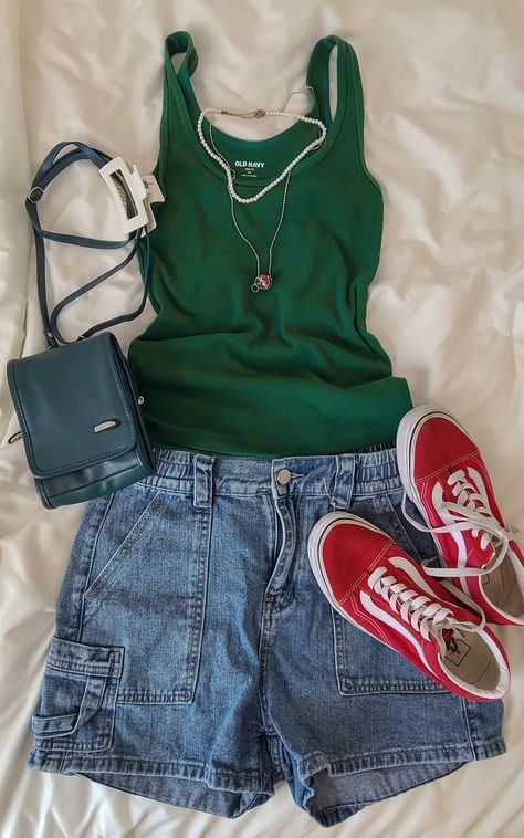 Summer outfits 2023 Green Tank Top Outfit Summer, Green Cargo Shorts Outfit, Green Tank Top Outfit, Cargo Shorts Outfit, Summer Tank Top Outfits, Denim Cargo Shorts, Green Cargo Shorts, Top Summer Outfits, Summer Shorts Outfits