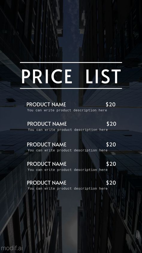 Use this dark-themed price list template to advertise your services on Instagram story. How Does Pinterest Work, Price List Design, Social Media Tools, Instagram Tools, Instagram Promotion, Price List Template, Instagram Marketing Tips, Visual Marketing, Story Templates