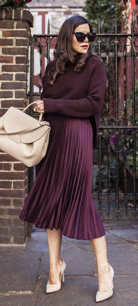 Outerwear Over Formal Dress, Classy Sweater Outfits, Plum Outfit Ideas, Classy Holiday Outfits, Fall Outfits With Skirts, Shabbos Outfit, Burgundy Skirt Outfit, Plum Outfit, Western Closet