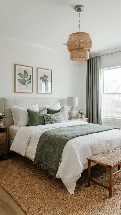 Sage Green Accents Bedrooms, Sage Primary Bedroom, Sage Green Bedroom French Country, Green Bedroom Ideas Boho, Bedroom Ideas Greens, Sage Green Bedroom Oak Furniture, Master Bedrooms Decor With Color, Dark Green Decor Bedroom, Sage House Interior