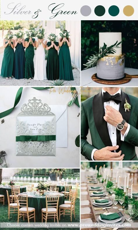 Green Silver Wedding Theme, Green Silver Wedding, Emerald Wedding Colors, Silver Wedding Theme, Green And Gold Wedding, Dark Green Wedding, Greenery Invitation, Wedding Color Palettes, Green Themed Wedding