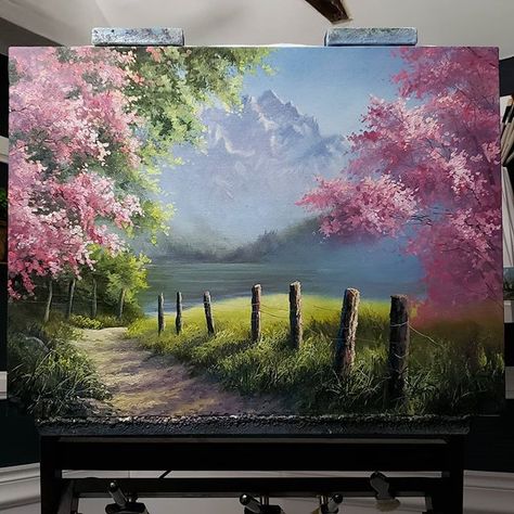 Kevin Hill Paintings, Spring Trees, Cherry Blossom Painting, Oil Painting Techniques, Landscape Art Painting, Art Painting Gallery, Canvas Painting Diy, Pink Spring, Bob Ross