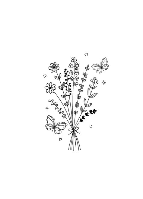 Cute Tree Tattoo, Fine Line Flower Drawings, Womens Tattoo Designs, Flower Butterfly Tattoo, Flower Bouquet Drawing, Line Art Flowers, Bouquet Tattoo, Small Pretty Tattoos, Cute Small Tattoos