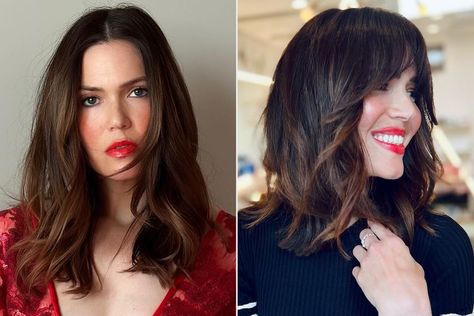 Mandy Moore Chops Off Her Locks — and Gets Bangs: 'Itching for a Hair Change' Mandy Moore Bangs, Mandy Moore Hair, 5 Million Followers, Shoulder Length Bob, Million Followers, Mandy Moore, Striped Sweater Dress, Hair Bangs, Big Chop