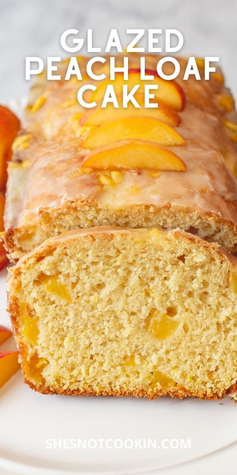 Peach loaf cake white plate. Peach Loaf Cake, Easy Peach Bread, Peach Loaf, Can Peaches Recipes, Peach Quick Bread, Peach Glaze, Glazed Peaches, Fresh Peach Recipes, Peach Bread