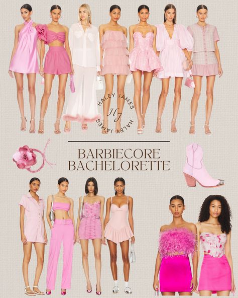 Bride Barbie Bachelorette, Barbie Bride Outfit, Bachelorette Guest Outfit Ideas, Barbie Themed Bachelorette Party Outfits, Pink Hens Theme, Barbie Bachelorette Party Outfit, Bachelorette Party Barbie, Disco Hens, Beyonce Barbie