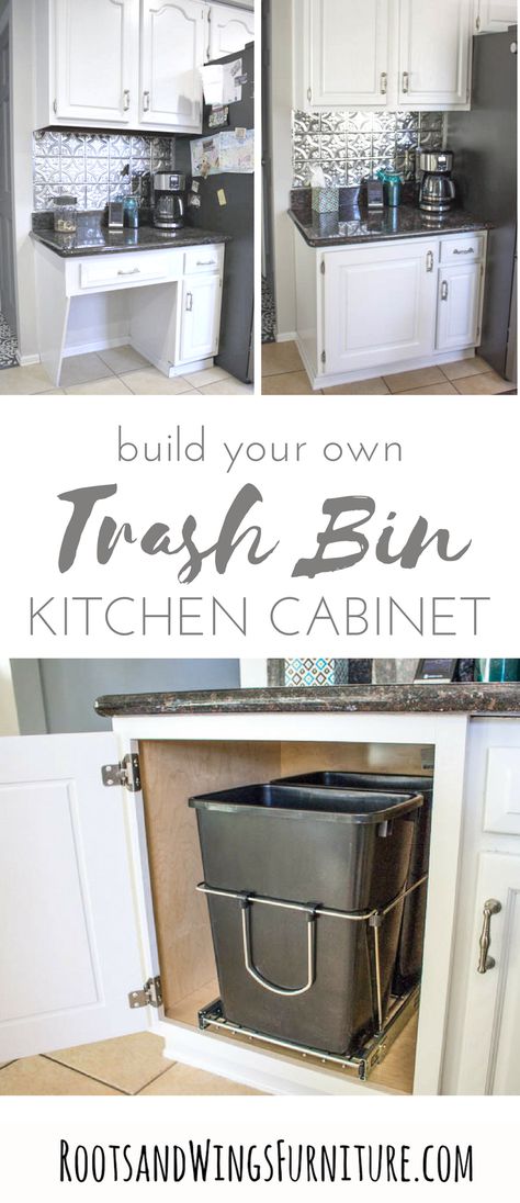 Take that un-used kitchen desk space and turn into something functional.  Add a custom base cabinet with a pull out trash/recycling bin to make the most of the space and hide away the trash can.   #rootsandwingsfurniture #basecabinet #kitchen #kitchenideas #pullouttrashcan #garbagecancabinet #kitchencabinets #customkitchen #whitecabinets #cabinetnow #diy Kitchen Desk Areas, Kitchen Renovation Diy Ideas, Pull Out Trash Cans, Best Kitchen Design, Kitchen Desks, Kitchen Desk, Diy Kitchen Renovation, Kitchen Trash Cans, Trash Bin