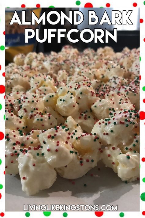 Puffed Corn Almond Bark, Christmas Puffcorn Recipes, Sweet Puffed Corn, Almond Bark Puff Corn Recipe, Puff Popcorn Recipes Almond Bark, Puff Corn Almond Bark, Almond Bark Puffcorn, Almond Bark Popcorn, Puffed Corn Recipes