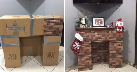 You Can Make A Fake Fireplace Out of Cardboard Boxes For The Holidays and It Looks Amazing Make A Fake Fireplace, Faux Fireplace Diy Cardboard, Fake Fireplace Diy, Faux Foyer, Fireplace Box, Diy Christmas Fireplace, Fake Fire, Cardboard Fireplace, Fireplace Kits