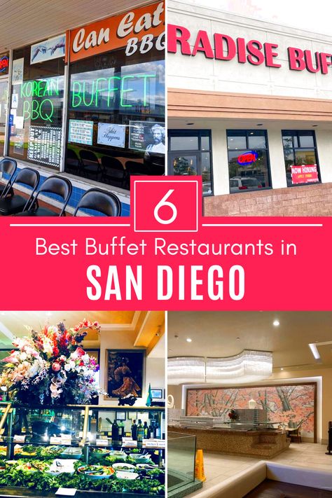 Collage of 4 buffet restaurants in San Diego. Mission Beach San Diego Restaurants, Ocean View Restaurant, Ocean Restaurant, Mission Beach San Diego, Restaurants In San Diego, Ocean Beach San Diego, Pacific Beach San Diego, Oceanside Beach, Best Buffet