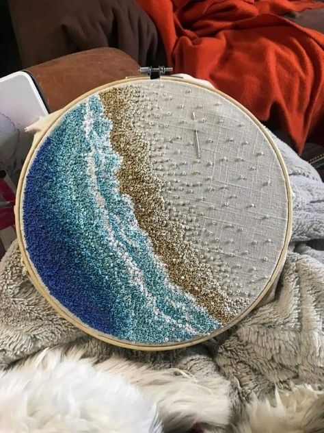 Sea Waves Embroidery, Punch Needle Ocean Pattern, Ocean Wave Embroidery, Ocean Embroidery Ideas, Underwater Embroidery Designs, Beach Embroidery Ideas, Ocean Hand Embroidery, Embroidery Ocean Patterns, Water Embroidery Ideas