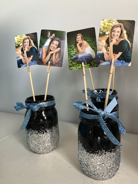 Picture Table Centerpieces Birthday, Picture Centerpiece Ideas Graduation, Grad Party Picture Centerpieces, Senior Table Centerpieces, Graduation Open House Centerpieces, Open House Table Decorations Graduation, Graduation Table Centerpieces With Pictures, Open House Table Decorations, Open House Decorations Graduation