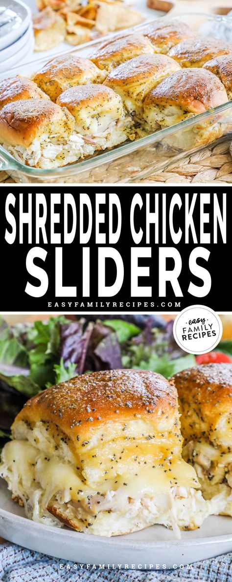 Shredded Chicken Sliders are an easy, crowd-pleasing meal or appetizer. They're made with soft and sweet Hawaiian rolls layered with juicy shreds of chicken, melty provolone, and a honey mustard glaze. Crockpot Chicken Sliders Recipes, Hot Honey Sliders, Honey Mustard Chicken Sliders, Grilled Cheese Sliders Kings Hawaiian, Best Sliders Hawaiian Rolls, Shredded Chicken Sliders Hawaiian Rolls, Crockpot Chicken Sliders, Slider Recipes Hawaiian Rolls, Sliders Recipes Hawaiian Rolls Easy