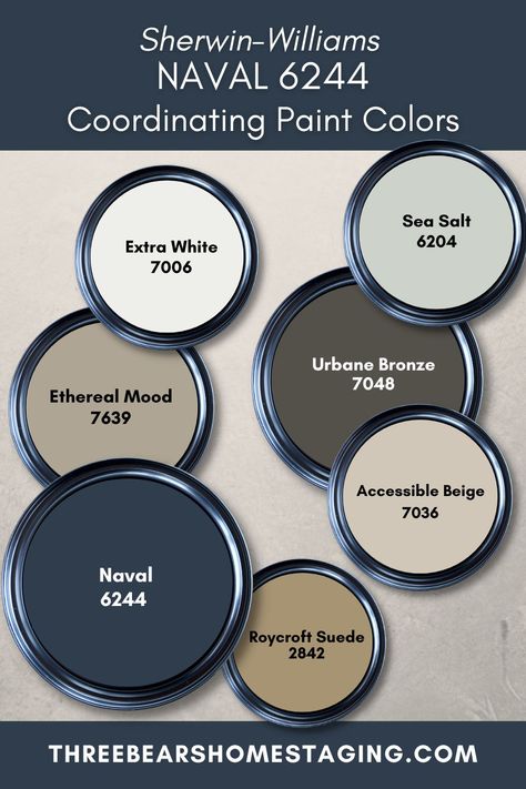 Sherwin Williams Naval SW 6244 Coordinating Paint Colors Naval Sherwin Williams, Coordinating Paint Colors, Dog Bathroom, House Color Palettes, Pintura Exterior, Paint Color Schemes, Salty Dog, Favorite Paint Colors, Sherwin Williams Paint Colors