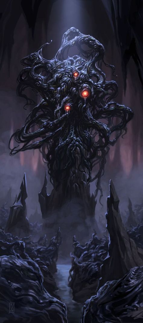 Shoggoth was a massive amoeba-like creature made out of iridescent black slime, with multiple eyes "floating" on the surface. They are described as "protoplasmic", lacking any default body shape and instead being able to form limbs and organs at will.: Cthulhu Fhtagn, Lovecraft Art, Yog Sothoth, Lovecraft Cthulhu, Lovecraftian Horror, The Faceless, Hp Lovecraft, Eldritch Horror, Creation Art