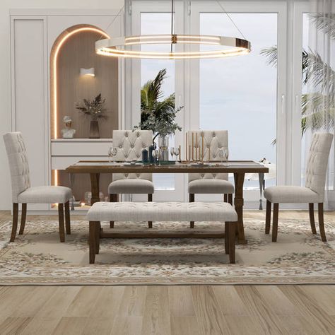 Winston Porter Fantina 6 - Piece Double Pedestal Dining Set & Reviews | Wayfair Farmhouse Rustic Dining Room, Dining Table Set With Bench, Rustic Dining Room Table, Solid Wood Kitchen, Double Pedestal Dining Table, Farmhouse Dining Room Table, Dining Room Table Chairs, Apartment Stuff, Modern Farmhouse Dining