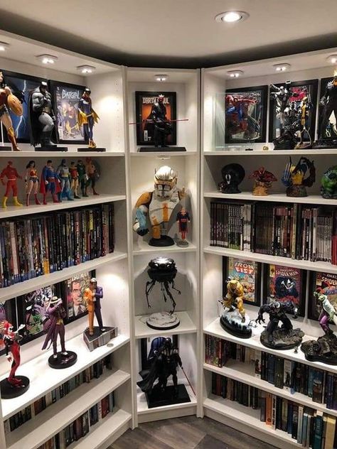 Nerdy Game Room, Comic Room Decor, Nerd Cave Ideas, Star Wars Gaming Room, Comic Room Ideas, Collectible Display Ideas, Gamer Office Ideas, Nerd Living Room, Star Wars Game Room