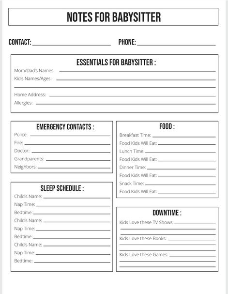 Free notes for babysitter printable that includes all the details you need to leave with your sitter. #notesforsitter #babysitter #mom #parenting #parentingtips Babysitting Sign Up Sheets, Babysitting Fill Out Sheets, Notes For Babysitter, Babysitter Printable Free, Babysitter Business Names, Babysitter Bio Ideas, Overnight Babysitter Checklist, Babysitting Forms For Parents, Babysitter Info Sheet