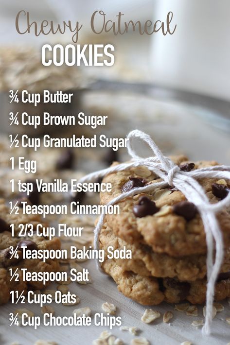 Healthy Baked Cookies, How To Make Oatmeal Chocolate Chip Cookies, Cookie Recipes Oatmeal Chocolate Chip, Chocolate Chips Oatmeal Cookies, Simple Oatmeal Chocolate Chip Cookies, Recipe Oatmeal Cookies, Baking Recipes With Oats, Not Bake Cookies, Easy Chewy Oatmeal Cookies