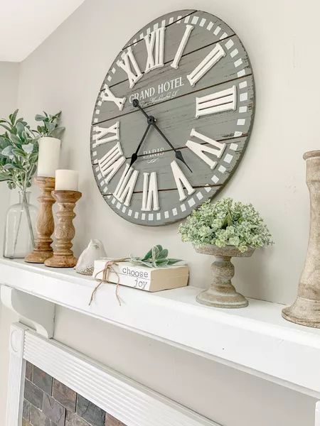 Mantel Decorating Ideas With Clock, Mantle Decor With Clock, Above Fireplace Decor, Farmhouse Mantle Decor, Farmhouse Mantle, Серая Кухня, Shelf Decor Living Room, Farmhouse Wall Clocks, Fireplace Mantle Decor