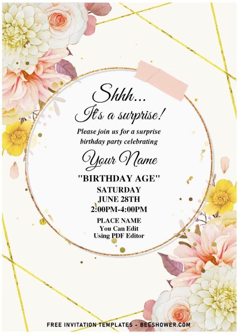 Harry Potter Birthday Invitations, Flower Birthday Invitations, 88th Birthday, Watercolor Floral Invitation, Floral Invitations Template, Peach Background, Boho Baby Shower Invitations, Flowers Birthday, Rose Wedding Invitations