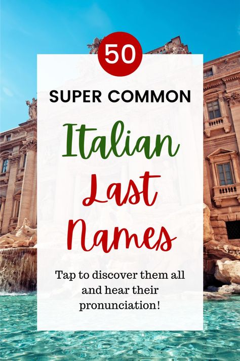 Are you ready to discover the 50 most common Italian last names and their meanings? These surnames are extremely popular across Italy, and in America too. Tap to discover them all and hear the pronunciation of each Italian name! Surnames And Meanings, Last Names And Meanings, Italian Surnames, Italian Last Names, Italian Names Boy, Last Names List, Surname List, Last Names For Characters, Italian Symbols