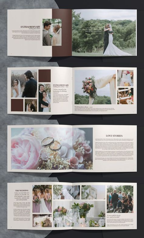 Wedding Album Template InDesign - 22 unique pages Photo Album Template Layout, Wedding Book Ideas Layout, Photo Album Layout Design Templates, Wedding Album Magazine, Wedding Album Ideas Photo Books, Wedding Photo Album Layout Design, Wedding Albums Designs, Bride Album Design, Wedding Album Design Layout Templates