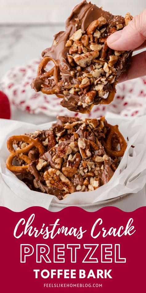 How to make the best pretzel toffee. This easy 5-ingredient recipe is sometimes called Christmas Crack with pretzels and is a traditional, classic sweet and salty favorite that is perfect for the holidays. Everyone will devour this easy chocolate toffee recipe! Pretzel Toffee Bark, Bark Recipes Easy, Christmas Bark Recipes, Toffee Bark, Pretzel Toffee, Toffee Recipe, Christmas Baking Recipes, Butter Toffee, Christmas Candy Recipes