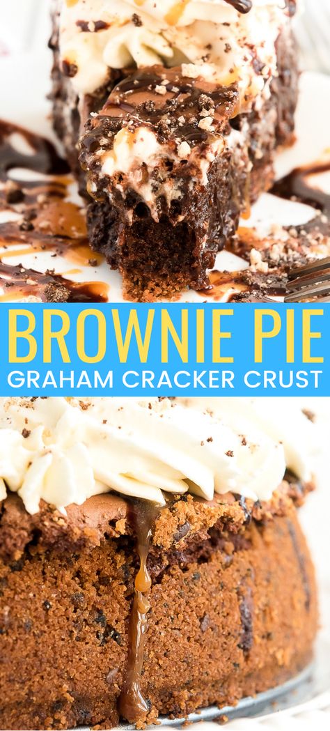 This Brownie Pie is the ultimate comfort dessert! A brownie baked into a graham cracker crust and laced with caramel, then topped with whipped cream and both caramel and chocolate drizzle! Graham Cracker Crust Dessert, Brownie Pie Recipe, Pie With Graham Cracker Crust, Graham Cracker Crust Recipe, Chocolate Graham Cracker Crust, Graham Cracker Recipes, Homemade Graham Cracker Crust, Brownie Pie, Graham Cracker Crust Pie