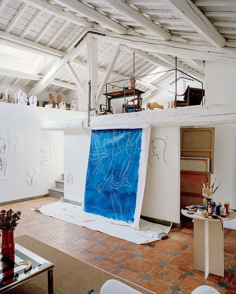 A Painter’s Secret Roman Sanctuary - The New York Times Painters Studio, Pitched Ceiling, Art Studio Room, Paris Home, Art Studio At Home, Dream Studio, Studio Room, My Art Studio, Soho House