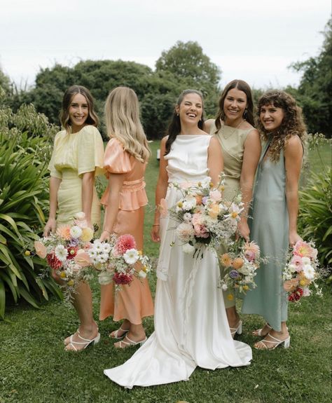 Mismatched Bridesmaid Dresses Small Wedding Party, Spring Bridesmaid Dress, Pastel Bridesmaid Dresses Mismatched, Wildflower Bridesmaid Dresses, Three Bridesmaids, Bridesmaids Green, Bridesmaid Dresses Color Palette, Mix Match Bridesmaids, Pastel Bridesmaid Dresses