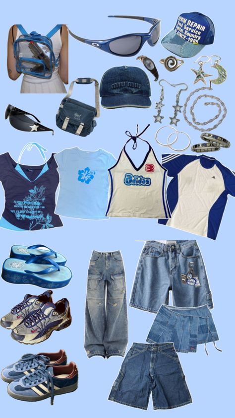 inspiration de tenu bleu inspiré y2k, mais aussi année 80 avec une vibe d’été au bord de la piscine Mode Ootd, Fashion Inspo Outfits, Cool Outfits, Fashion Inspo, Fashion Outfits, Wardrobe, Outfit Inspo, Clothes