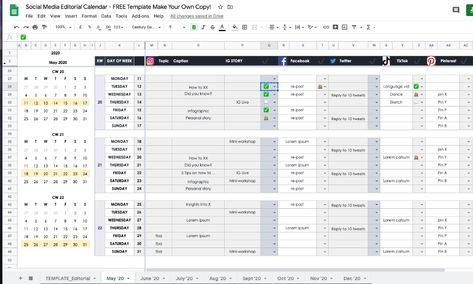 How To Plan Your Social Media in 2020 as an individual or small company — FREE Google Sheets Editorial Calendar Template | by Gracia Kleijnen | Google Sheets Geeks | Medium Social Media Planning Template, Social Media Content Calendar Template, Editorial Calendar Template, Social Media Planner Template, Social Media Calendar Template, Social Media Strategy Template, Content Calendar Template, Social Media Posting Schedule, Social Media Content Calendar