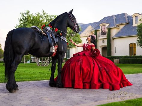 Dark Purple Charro Quinceanera Dresses, Quincenera Dresses Ranchera, Sweet 15 Party Ideas Quinceanera Red, Mariachi Quinceanera Dress Red, Quince Mariachi Dress, Red Quinceanera Photoshoot, Xv Pictures With Horse, Red Quince Theme Vaquera, Low Rider Quince Pictures