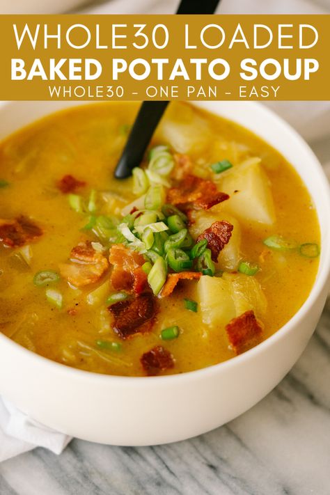 This Whole30 Baked Potato Soup is the ultimate healthy, winter comfort food. It is loaded with all of the creamy, hearty and delicious flavors of a loaded baked potato, but made with Whole30 compliant ingredients. Paleo Comfort Food, Easy Winter Recipes, Whole30 Meal Prep, Healthy Winter Meals, Whole 30 Lunch, Loaded Baked Potato, Whole30 Dinners, Loaded Baked Potato Soup, Winter Comfort Food